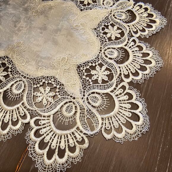 White Lace Cutwork Table Runner 29x13 Embroidered Floral Elegant Dresser Scarf - Picture 5 of 6